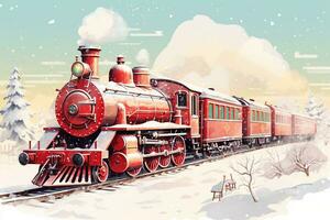 Vintage illustration of an old red train decorated for Christmas. Steam locomotive, passenger cars and snowy scenery. photo