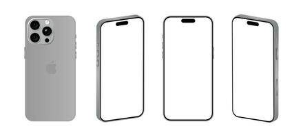 Iphone 15 Pro model. Natural titanium color. Front view, back view and different view. Vector mockup. Vector illustration