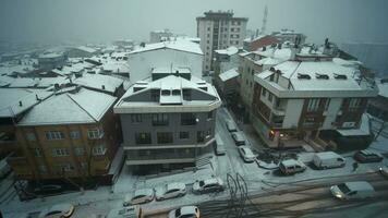 top view of Snowfall on buildings in istanbul city video