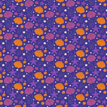 un cerca arriba de un modelo con conchas y estrellas en un púrpura antecedentes vector