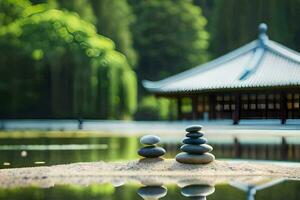 stacks of stones in front of a pagoda. AI-Generated photo