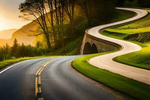 un devanado la carretera con un puente terminado él. generado por ai foto