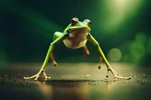 a frog is standing on its hind legs. AI-Generated photo