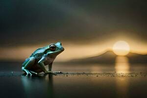 a frog sitting on the ground at sunset. AI-Generated photo