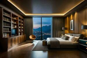 a bedroom with a view of the city and mountains. AI-Generated photo