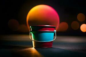 a colorful bucket sitting on the ground with a bright light behind it. AI-Generated photo