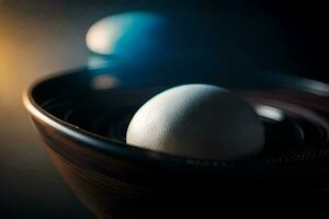 an egg in a bowl with a light behind it. AI-Generated photo