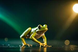 a frog on a dark background with lights. AI-Generated photo