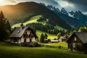 a small house sits on a hillside in the mountains. AI-Generated photo