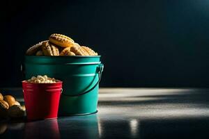 a bucket of peanuts and a bucket of cookies. AI-Generated photo