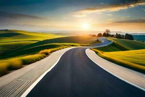 un largo la carretera con un puesta de sol en el antecedentes. generado por ai foto