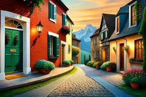 a street with houses and flowers in the background. AI-Generated photo