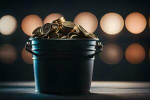 a bucket filled with coins on a table. AI-Generated photo