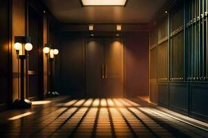 a hallway with lights and a door. AI-Generated photo