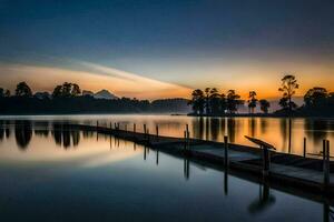 a lake with a dock at sunset. AI-Generated photo