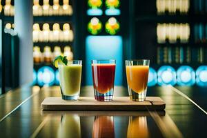 three different drinks on a wooden tray. AI-Generated photo