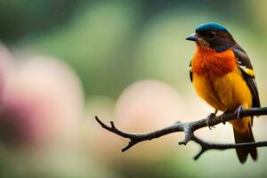 a colorful bird sits on a branch. AI-Generated photo