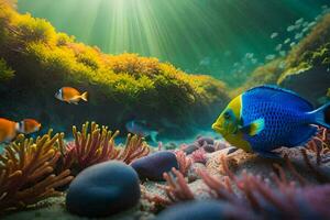 tropical pescado en el Oceano con coral y otro plantas. generado por ai foto