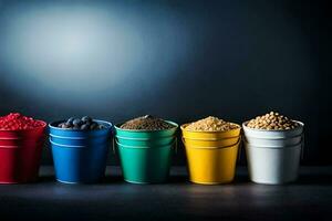 five buckets of different colored granular food. AI-Generated photo