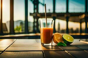 un vaso de naranja jugo con un Paja en un mesa. generado por ai foto