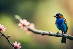 un azul pájaro se sienta en un rama con rosado flores generado por ai foto