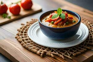 a bowl of soup with tomatoes and carrots on a wooden table. AI-Generated photo