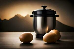 eggs and a coffee maker on a table. AI-Generated photo