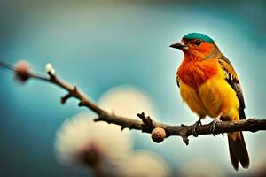 a colorful bird sits on a branch. AI-Generated photo