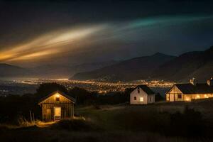 un pequeño casa en el medio de un campo a noche. generado por ai foto