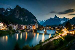 foto fondo de pantalla el cielo, montañas, agua, río, ciudad, puente, montañas, lago,. generado por ai