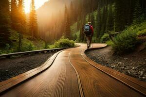 un hombre caminando en un de madera camino en el bosque. generado por ai foto