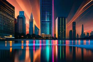 a city at night with colorful lights. AI-Generated photo