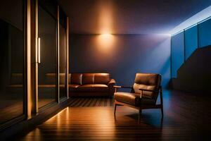 a room with a leather chair and a light. AI-Generated photo