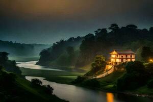 a house sits on the edge of a river at night. AI-Generated photo