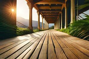 un de madera pasarela Guías a un hermosa vista. generado por ai foto