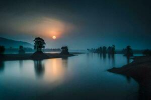 the sun rises over a river in the morning. AI-Generated photo