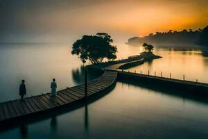 two people walk along a pier at sunset. AI-Generated photo
