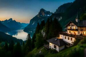 a house on the side of a mountain overlooking a lake. AI-Generated photo