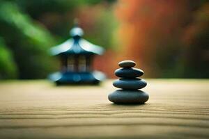 a stack of stones on a wooden table. AI-Generated photo