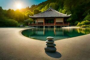 a pagoda and rocks in front of a pool. AI-Generated photo