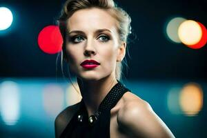 a beautiful woman with red lipstick and a black dress. AI-Generated photo