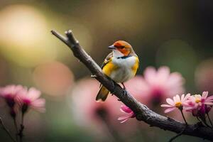 a small bird sits on a branch with pink flowers. AI-Generated photo