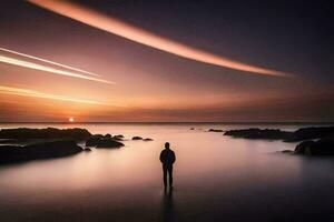 un hombre en pie en el agua a puesta de sol. generado por ai foto