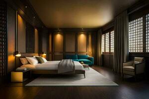 un dormitorio con de madera revestimiento de madera y un cama. generado por ai foto