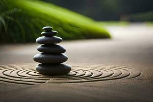 a stack of stones in a spiral pattern on the ground. AI-Generated photo