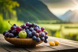 grapes in a bowl on a table. AI-Generated photo