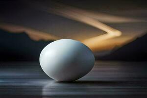 a white egg sitting on a table in front of a mountain. AI-Generated photo