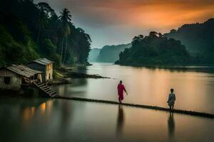 two people walking across a bridge at sunset. AI-Generated photo