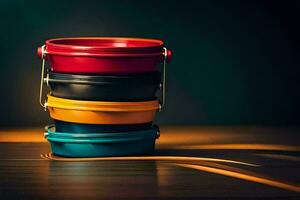 a stack of colorful plastic containers on a wooden table. AI-Generated photo