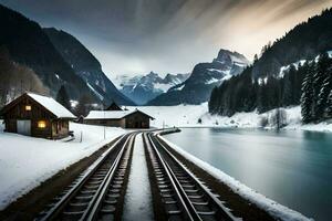 a train tracks in the snow with a cabin in the background. AI-Generated photo